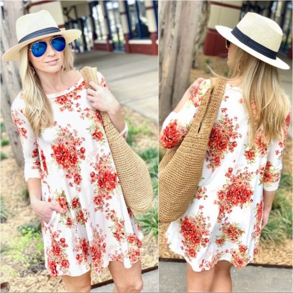 FEELING SO RIGHT SHORT FLORAL SWING DRESS-IVORY - Picture 3 of 4